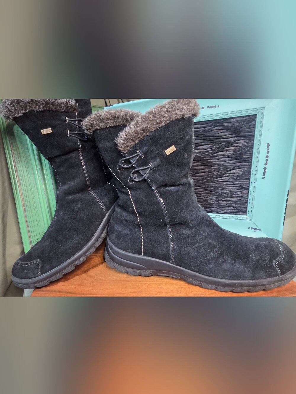 RiekerTEX Black Suede Mid-Calf Winter Boots - Faux Fur Trim & Toggles Sz 40